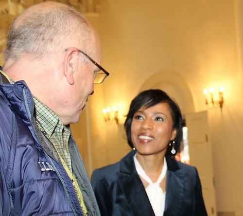 Prince George's County Executive Angela Alsobrooks (right) holds court at the Maryland State House in Annapolis on Jan. 8, the first day of the General Assembly session. (Brigette Squire/The Washington Informer)