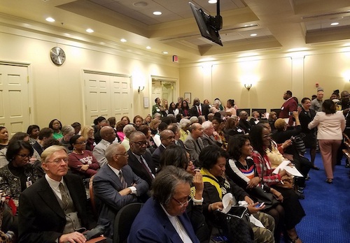 Dozens pack the House Appropriations Committee room in Annapolis on Feb. 25 to testify and show support of legislation that proposes to include $57.7 million annually to Maryland's four historically Black colleges and universities. (William J. Ford/The Washington Informer)