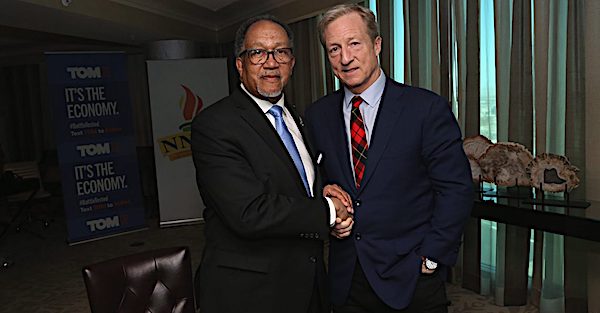 Democratic presidential hopeful Tom Steyer (right) joins National Newspaper Publishers Association President and CEO Benjamin F. Chavis Jr. in Las Vegas for a Feb. 20 fireside chat. (NNPA Newswire)