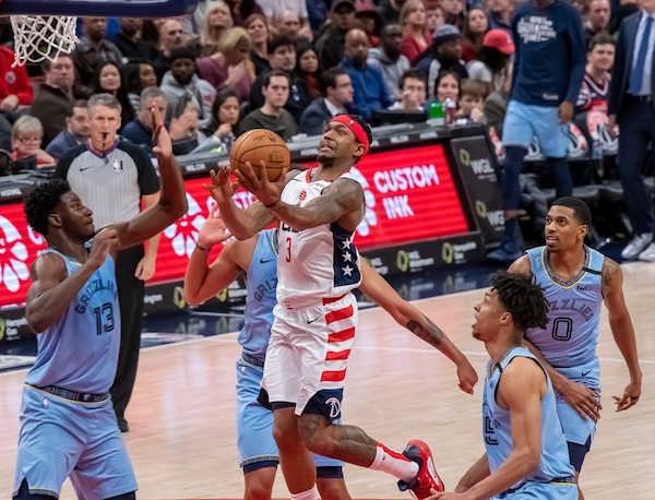Washington Wizards guard Bradley Beal elevates for a layup attempt during the Wizards' 106-99 loss to the Memphis Grizzlies at Capital One Arena in D.C. on Feb. 10. (Courtesy of Yusuf Abdullah)