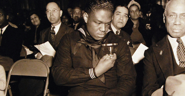 Doris Miller, Mess Attendant First Class, USN, during his visit to the Naval Training Station in Great Lakes, Ill., on Jan. 7, 1943 (Courtesy of U.S. Navy)