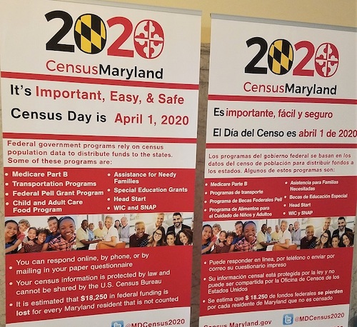 Life-sized 2020 census posters placed March 13 inside the Maryland State House in Annapolis. President leaders in the General Assembly closed public access to all state buildings one day prior. (William J. Ford/The Washington Informer)  
