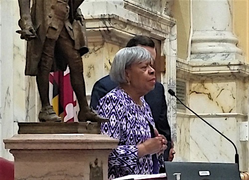 Maryland state Sen. Delores Kelley gives the invocation in the Senate chamber on March 18, the last day of the state's legislative session, which ended early because of the coronavirus outbreak. (William J. Ford/The Washington Informer)
