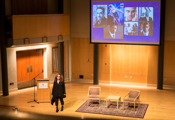Academy Award-winning costume designer Ruth E. Carter shows pictures of African influences she researched for "Black Panther" during the 2019-20 Arts & Humanities Dean's Lecture Series at The Clarice on the University of Maryland's College Park campus on Feb. 25. (Photo by Ulrich Fonou)