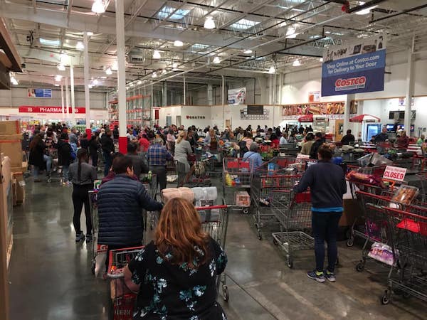 A Virginia Costco store shows packed lines as consumers rush to shop for supplies. (Anthony Tilghman/The Washington Informer)