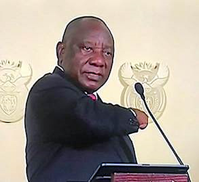 South African President Cyril Ramaphosa demonstrates greeting by elbow to help prevent the spread of the novel coronavirus. (Courtesy of Trice Edney News Wire)