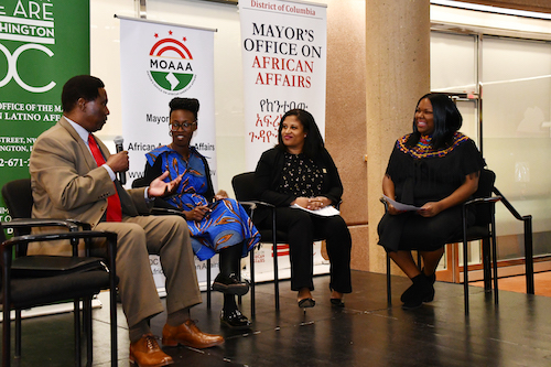 Ashley Emerson (right), director of the Mayor’s Office on African American Affairs, moderates a Feb. 27 discussion for Communities in Conversation across the African Diaspora with panelists (from left) Mohamed Camara, Amy Yeboah and Ayana Lara Rockett. (Anthony Tilghman/The Washington Informer)