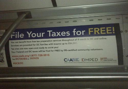 An ad placed on a Metrobus promotes free tax filings in D.C. (Courtesy of WMATA)