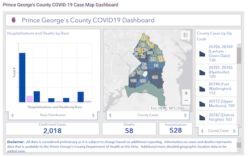 Prince George's County dashboard with a graph and map that highlights coronavirus data as of April 11 (Courtesy of Prince George's County)