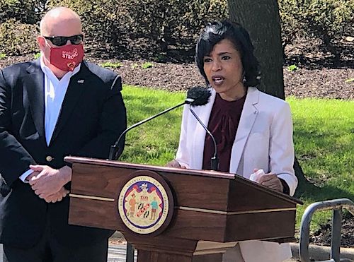 **FILE** Prince George's County Executive Angela Alsobrooks speaks during an April 22 press conference outside Laurel Medical Center to announce the facility will reopen to treat coronavirus patients as Maryland Gov. Larry Hogan looks on. (Courtesy of Angela Alsobrooks via Instagram)