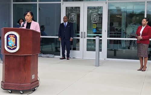 Prince George's County Executive Angela Alsobrooks (left) talks about how small businesses and nonprofit organizations affected by the coronavirus outbreak can apply for money through a multimillion-dollar relief fund allocated by the county's Economic Development Corp. Incentive Fund.