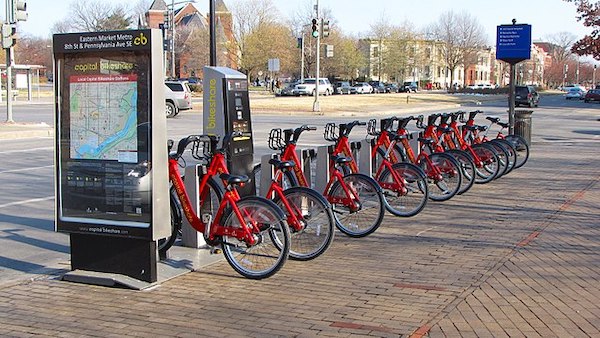 A Capital Bikeshare station outside the Eastern Market Metro station in D.C. (Ben Schumin via Wikimedia Commons)