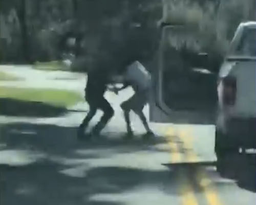 A screen shot of a video that purportedly shows the altercation between Black jogger Ahmaud Arbery and a white father and son that resulted in Arbery's shooting death