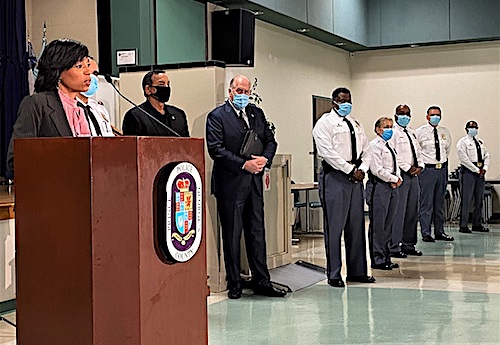 Prince George's County Executive Angela Alsobrooks (left) speaks during a June 19 press conference at the county police department's Palmer Park headquarters regarding the resignation of Police Chief Hank Stawinski. (William J. Ford/The Washington Informer)
