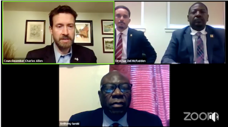 Ward 6 Council member Charles Allen (top left) hosts a hearing on-line to explore the proposed budget for the Office of Neighborhood Safety and Engagement.
