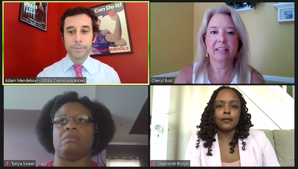 Adam Mendelson, communications director for Maryland State Education Association, Cheryl Bost, president of MSEA, Diamonté Brown, president of Baltimore Teachers Union and Tonya Sweat, Maryland PTA vice president of advocacy, participate in a July 14 virtual press conference on the upcoming fall semester for state schools.