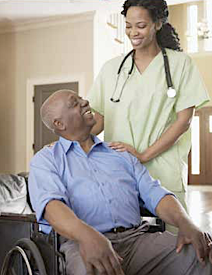 An elderly gentleman with a caregiver in a nursing home (Courtesy photo/stock)