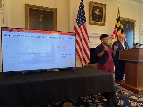 Maryland Gov. Larry Hogan (right) speaks during a July 29 press briefing in Annapolis to give an update of the state response to the coronavirus pandemic. (William J. Ford/The Washington Informer)
