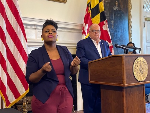 Maryland Gov. Larry Hogan (right) speaks during a July 29 press briefing in Annapolis to give an update of the state response to the coronavirus pandemic. (William J. Ford/The Washington Informer)
