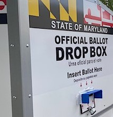 **FILE** A drop-off ballot box in May outside Prince George's County Board of Elections office in Largo, Maryland (William J. Ford/The Washington Informer)