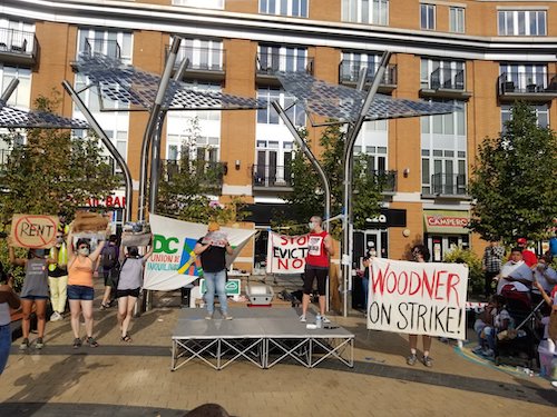Tenants at the Woodner Apartments in northwest D.C. protest evictions during the COVID-19 pandemic. (Courtesy photo via Facebook)