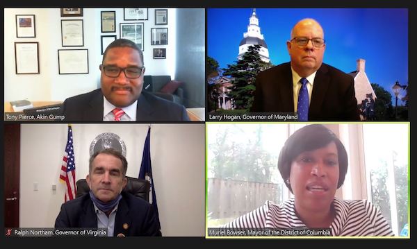 Clockwise from top left: Tony Pierce, partner of Akin Gump, moderates a virtual Capital Region Business Forum on Sept. 18 with Maryland Gov. Larry Hogan, D.C Mayor Muriel Bowser and Virginia Gov. Ralph Northam.