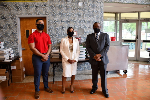 From left: Drew-Freeman Middle School Principal Dallas Lee, Prince George's County Public Schools CEO Monica Goldson and Alvin Thornton, chair of the Prince George's County Public Schools Board of Education, pose for a photo on Aug. 31, the first day of the 2020-21 school year, at Drew-Freeman Middle School in Suitland. (Anthony Tilghman/The Washington Informer)