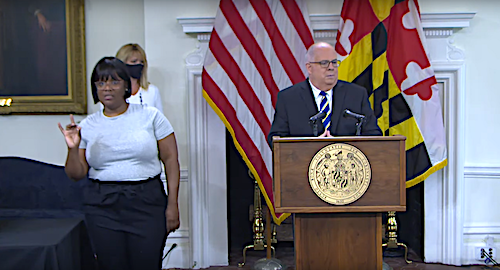 Maryland Gov. Larry Hogan (right) speaks during a Sept. 1 press briefing in Annapolis to give an update of the state response to the coronavirus pandemic.