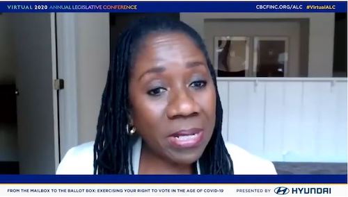 Sherrilyn Ifill, president and director-counsel for NAACP Legal Defense Fund, participates on a virtual voting panel Sept. 3 during Congressional Black Caucus Foundation annual legislative conference.