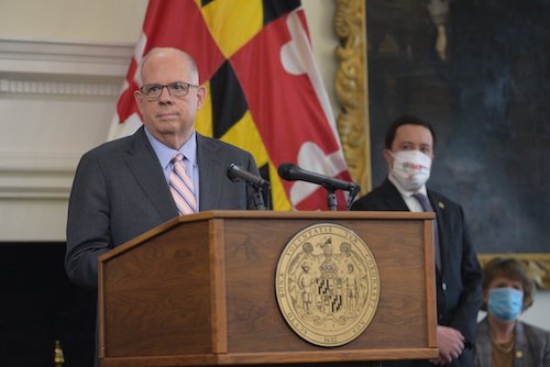 Maryland Gov. Larry Hogan speaks during a March 23 press briefing in Annapolis to give an update on the state response to the coronavirus pandemic. (Courtesy of the governor's office)