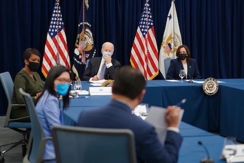 President Joe Biden, Vice President Kamala Harris, Atlanta Mayor Keisha Lance Bottoms, Georgia state Sen. Michelle Au and Asian American community leaders meeting in Atlanta on March 19. (White House photo)