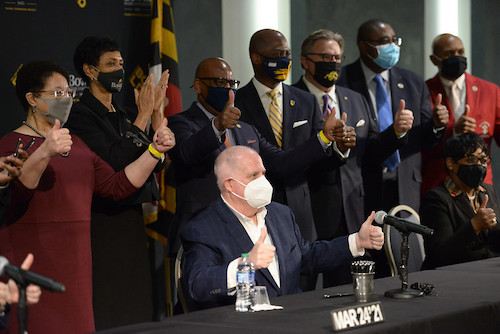 Maryland Gov. Hogan and Lt. Governor Rutherford attend the bill signing at Bowie State University. (Joe Andrucyk/Office of the Governor)