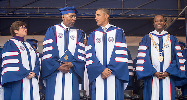 **FILE** From left: Valerie Jarrett, Vernon Jordan Jr., Barack Obama and Dr. Wayne A.I. Frederick (Courtesy of HUNS)