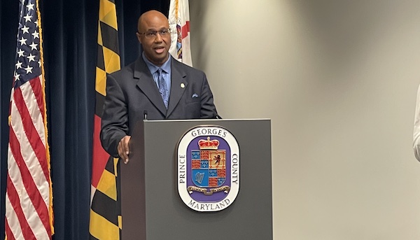 Malik Aziz (left) speaks during a March 26 press conference at the Wayne K. Curry Administration Building in Largo, Maryland, to announce him as Prince George’s County's new police chief. (Anthony Tilghman/The Washington Informer)