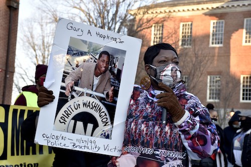 Marion Gray-Hopkins, mother of Gary Hopkins Jr., who was killed by Prince George's County police in 1999, speaks at a March 4 rally in Annapolis for police reform. (Rob Roberts/The Washington Informer)