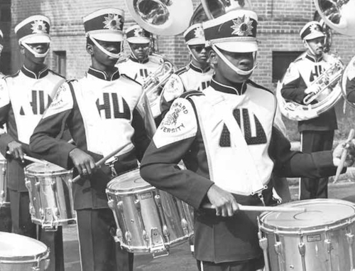 A photo of the Howard University marching band was first published in 1978 with the caption, "The Howard University Marching Band Drummers Give The Best To The Marchers." (Photo by Afro American Newspapers/Gado/Getty Images)