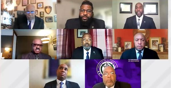 Leaders of Omega Psi Phi Fraternity, Inc. and members of the community discuss the impact of COVID-19 on Black men and boys. (Screen shot: courtesy of Congressional Black Caucus Foundation)