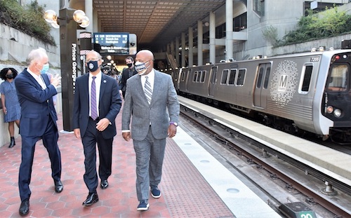 From left: Metro General Manager Paul Wiedefeld, Rep. Anthony Brown and Prince George's County Council Chair Calvin Hawkins II tour the Prince George's Plaza Metro station on Sept. 7. The station was one of four in Prince George's County that reopened that day. (Robert R. Roberts/The Washington Informer)