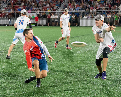 Garrett Braun tosses frisbee during DC Breeze loss to Raleigh Flyers 19 to 16 at Carlini Field, Washington D.C. (Abdullah Konte/The Washington Informer)