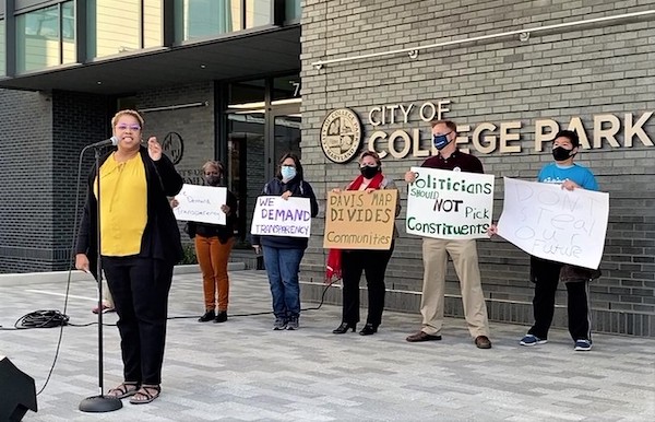 Katrina Dodro, a council member in the city of New Carrollton, speaks an Oct. 18 community rally in College Park, Maryland, in opposition to new redistricting plan presented publicly for the first time four days prior. (William J. Ford/The Washington Informer)