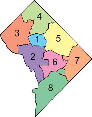 A map of D.C.'s eight wards (Courtesy of Wikimedia Commons)