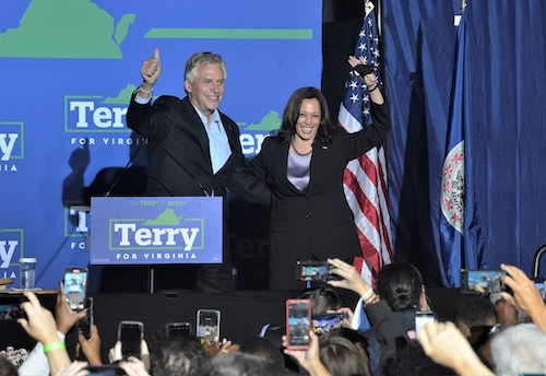 Vice President Kamala Harris (right) joins Virginia gubernatorial candidate Terry McAuliffe for a campaign rally in Dumfries, Va., on Oct. 21. (Robert R. Roberts/The Washington Informer)