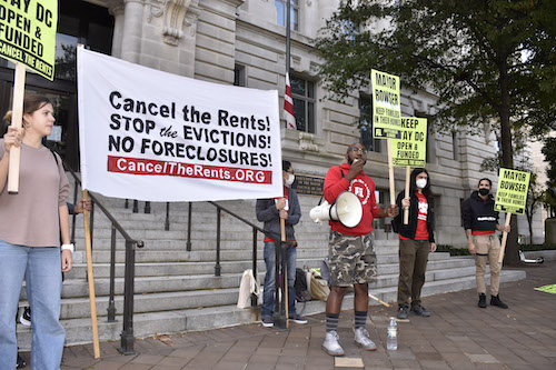 Sean Blackmon speaks during a rally calling for the extension of the STAY DC program, designed to help District residents adversely affected by the coronavirus pandemic with rental and utility assistance, at the John A. Wilson Building on Oct. 24. (Robert R. Roberts/The Washington Informer)
