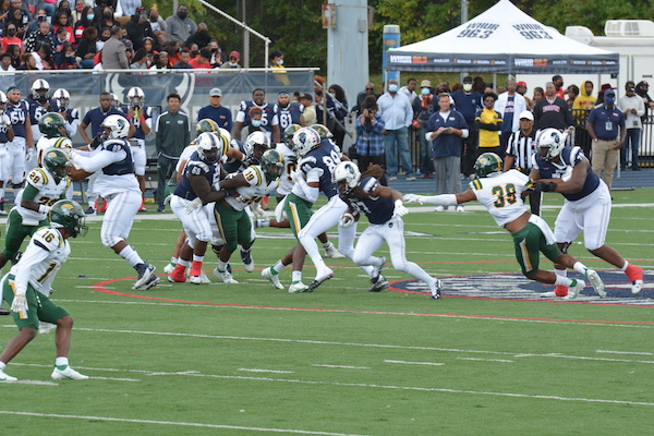 The Howard Bison's effort in the fourth quarter against the Norfolk State Spartans just wasn't enough, resulting in a 45-31 loss in Howard's homecoming game at Greene Stadium on Oct. 23. (Roy Lewis/The Washington Informer)