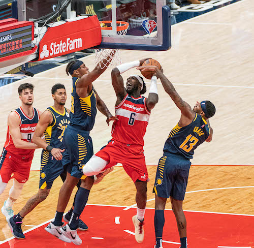 Washington Wizards forward Montrezl Harrell battles for a rebound during a 135-134 win over the Indiana Pacers at Capital One Arena in D.C. on Oct. 22. (Abdullah Konte/The Washington Informer)
