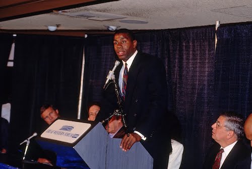 Magic Johnson announcing his HIV diagnosis in 1991 (Courtesy photo)