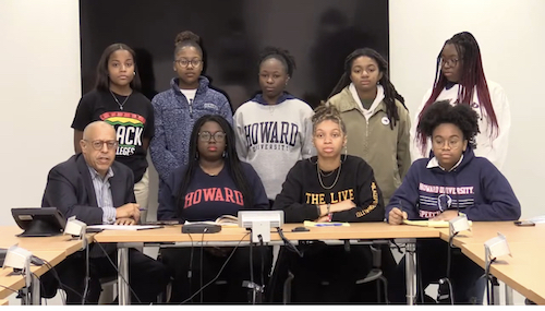 The student leaders of the Howard University #BlackburnTakeover protest pose with attorney Donald Temple (left) after a press conference on Nov. 15 announcing the end of the monthlong protest. (Anthony Tilghman/The Washington Informer)