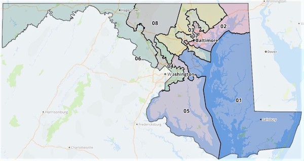One of the four maps released Nov. 9 by the Maryland Legislative Redistricting Advisory Commission proposes to extend the more conservative 1st Congressional District across the Chesapeake Bay Bridge in portions of Anne Arundel County with more Democratic neighborhoods. (Courtesy of Maryland General Assembly)