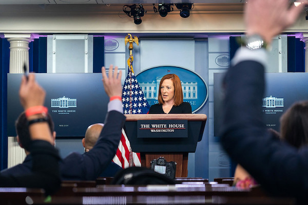 **FILE** Press Secretary Jen Psaki takes questions from reporters during a press briefing Monday, Feb. 1, 2021, in the James S. Brady Press Briefing Room of the White House. (Official White House Photo by Chandler West)