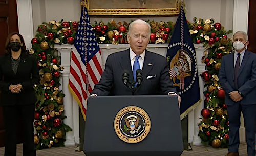 President Joe Biden speaks about omicron, the latest coronavirus variant, during a Nov. 29 press briefing at the White House as Vice President Kamala Harris (left) and Dr. Anthony Fauci, director of the National Institute of Allergy and Infectious Diseases, listen.